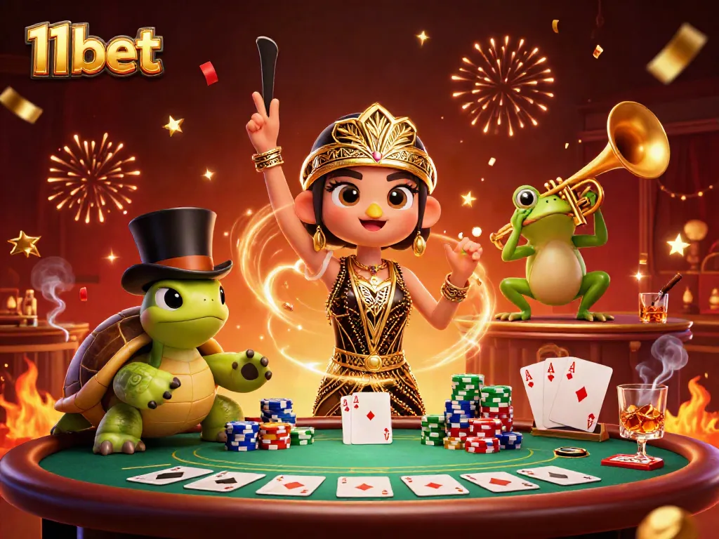 Engage in thrilling games at 11bet with poker tables and lavish casino elements.