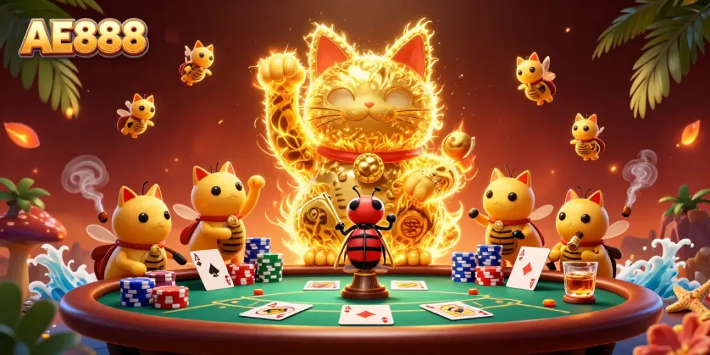 Experience the charm of AE888 with vibrant casino elements featuring a lucky cat in a lively scene.