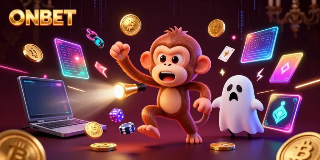 ONBET's mischievous ghost monkey juggles golden coins in a haunted casino ambiance.
