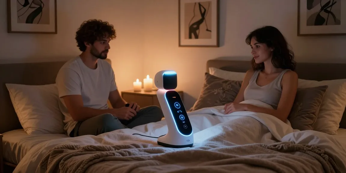 Couple exploring innovative AI sex technology in a modern bedroom setting, highlighting intimacy and innovation.