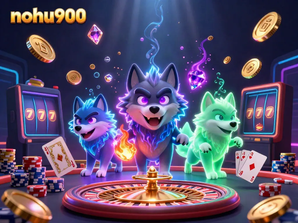 Experience the thrill of nohu900 with a vibrant casino scene, featuring wolf characters and dynamic gaming elements.