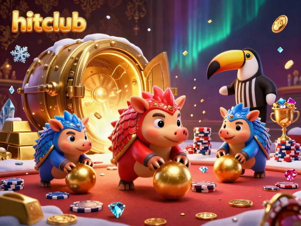 Experience the excitement of hitclub with rival pangolins bowling through poker chips in a lavish casino setting.