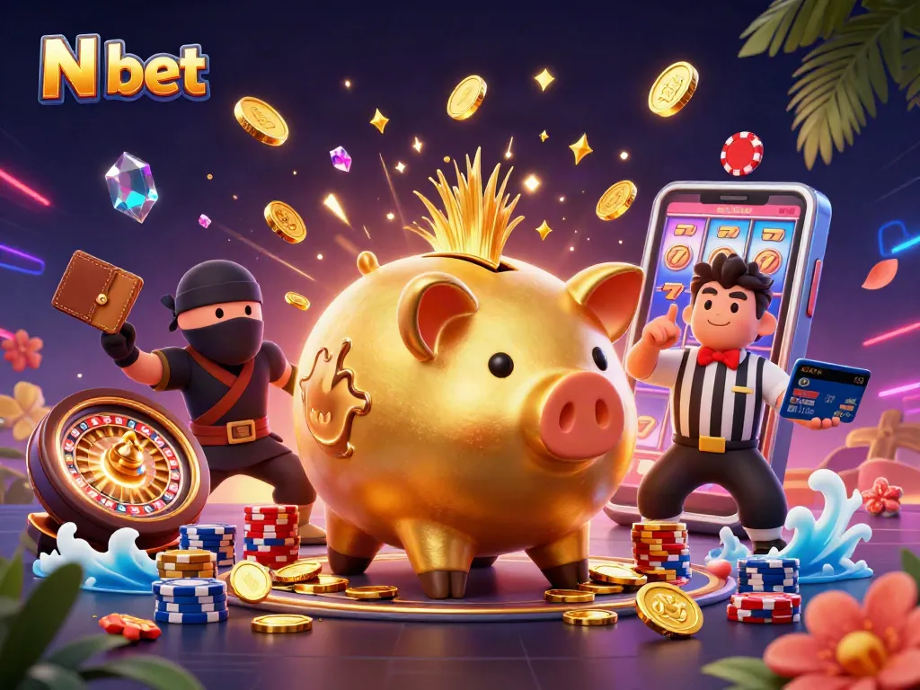 N bet gaming scene featuring a golden piggy bank sumo wrestler and characters in a vibrant casino setting