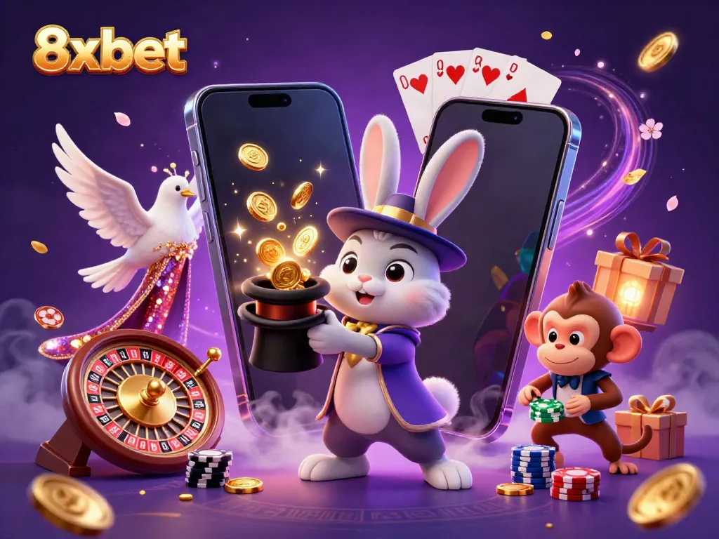 Experience the magic of winning at 8xbet with dynamic illustrations of casino excitement and fun.