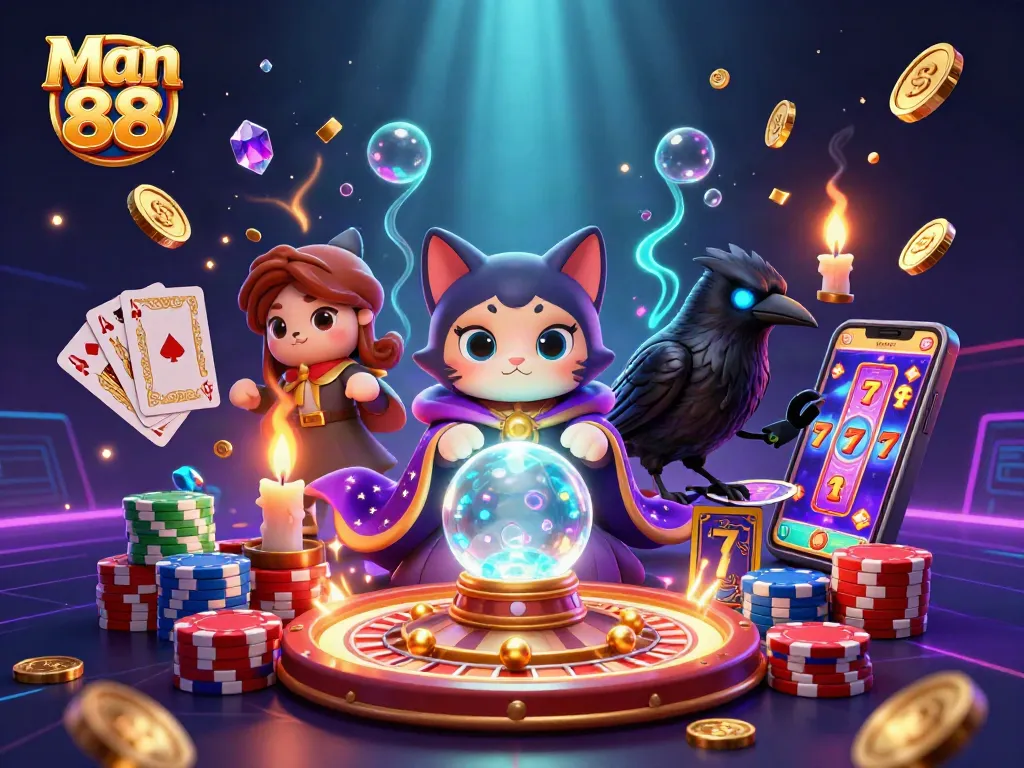 Experience the thrill of gaming with Man 88, featuring vibrant characters and dynamic casino elements.