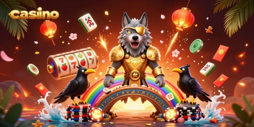 The casino scene represents a vibrant Norse mythology theme featuring Odin's wolf, surrounded by gambling elements and dynamic visuals.