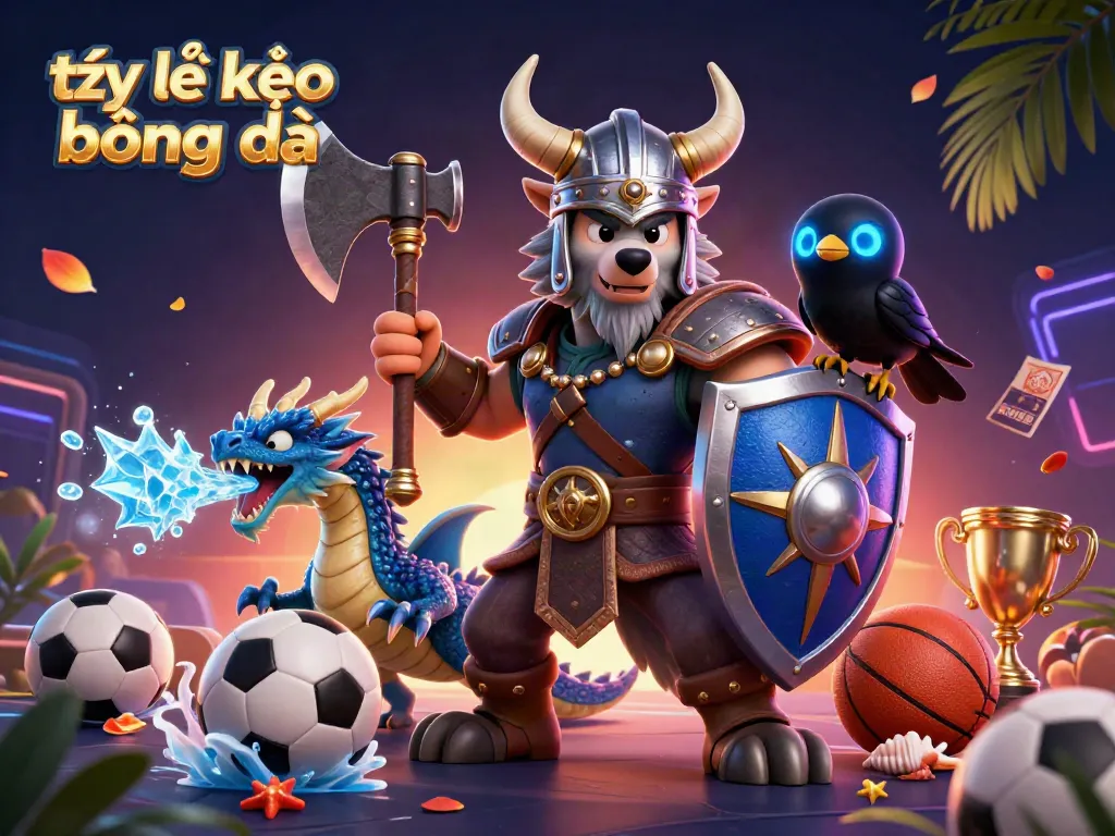 Engage with tỷ lệ kèo bóng đá through thrilling sports betting adventures featuring a Viking warrior, dragon, and raven.