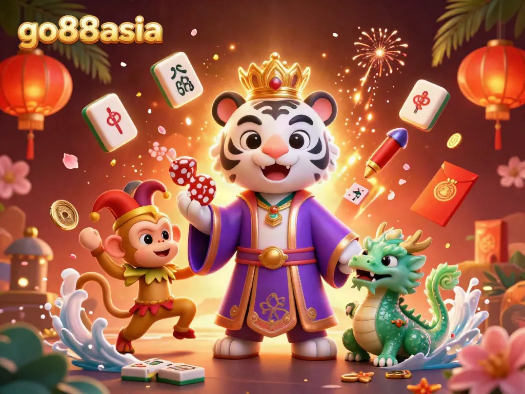 Experience the vibrant gaming world of go88asia, featuring a majestic white tiger, playful monkey, and magical dragon amidst floating casino elements.
