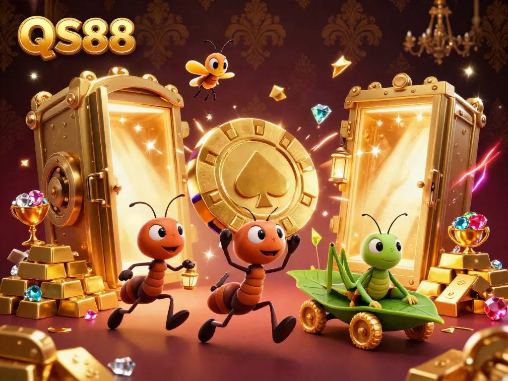 Experience the thrilling QS88 heist scene with cartoon ants, gold treasures, and a vibrant casino atmosphere.