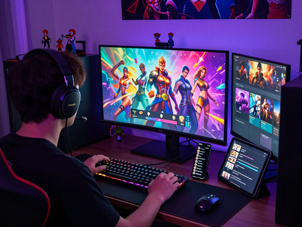Engaged gamer enjoying various porn games on multiple screens with vibrant graphics in a dynamic room setting.