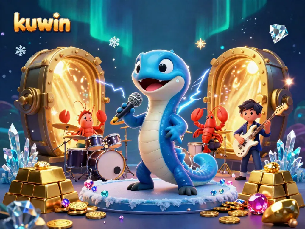 Kuwin electrifies the underwater casino stage with a vibrant DJ performance alongside colorful backup musicians.