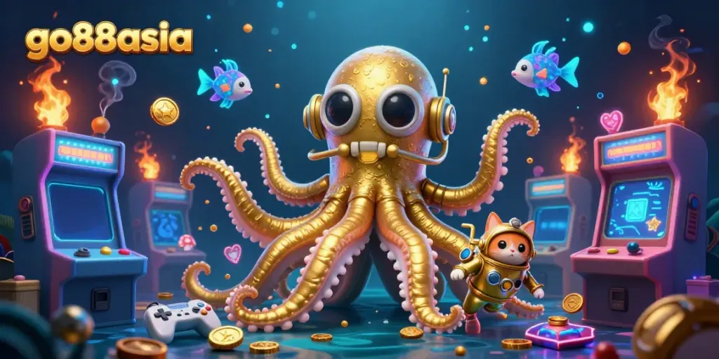 Engage with go88asia's immersive gaming experience featuring a colossal kraken, diving cat, and arcade treasures.