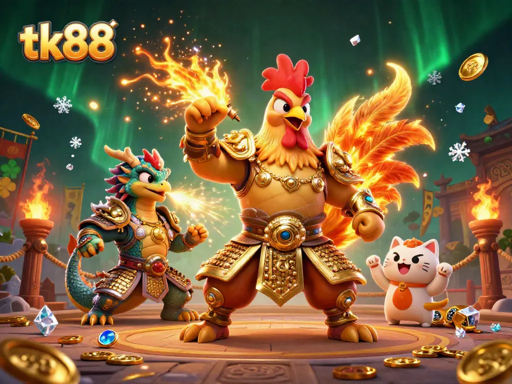 Experience the thrilling adventures of tk88 with roosters and dragons in a vibrant gaming scene.