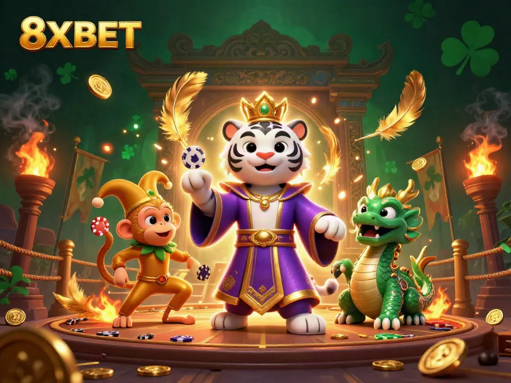 Engage in thrilling gaming adventures at 8XBET with a dazzling illustration showcasing a royal tiger, a jester monkey, and a jade dragon.
