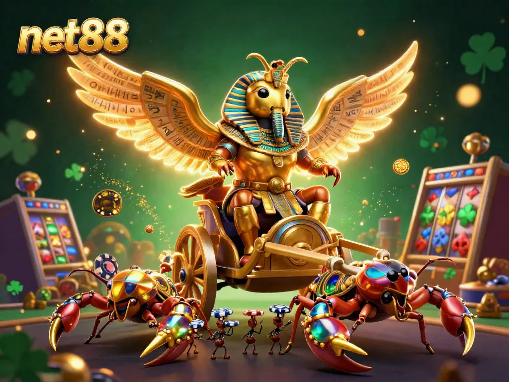 Engage with net88's vibrant casino world through a golden scarab beetle adventure, surrounded by dazzling gaming elements.