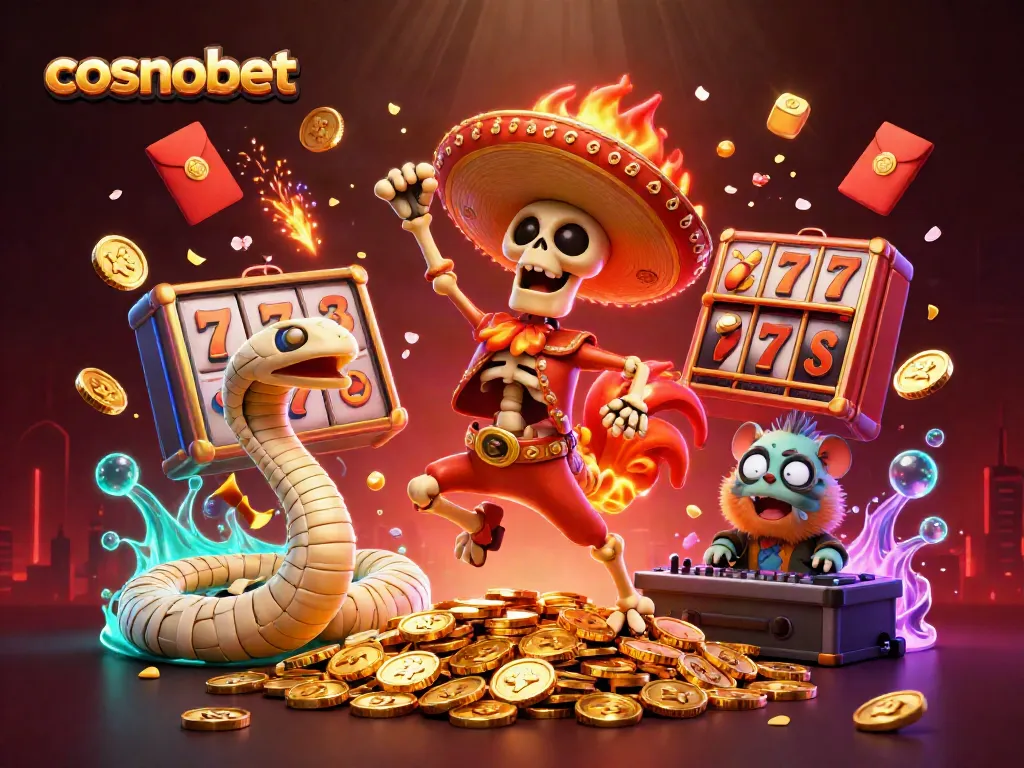 Experience cosmobet in action with a vibrant 3D illustration featuring engaging characters and vibrant slot elements.