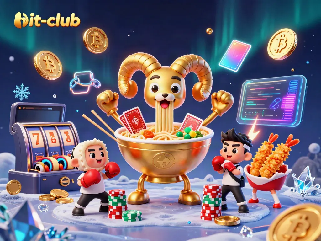 Win big at hit-club with a fun 3D illustration featuring characters and colorful slot game elements.