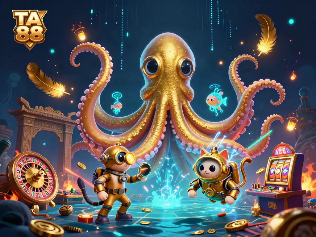 Engage with TA 88 through a vibrant casino scene featuring a kraken and diving cat.