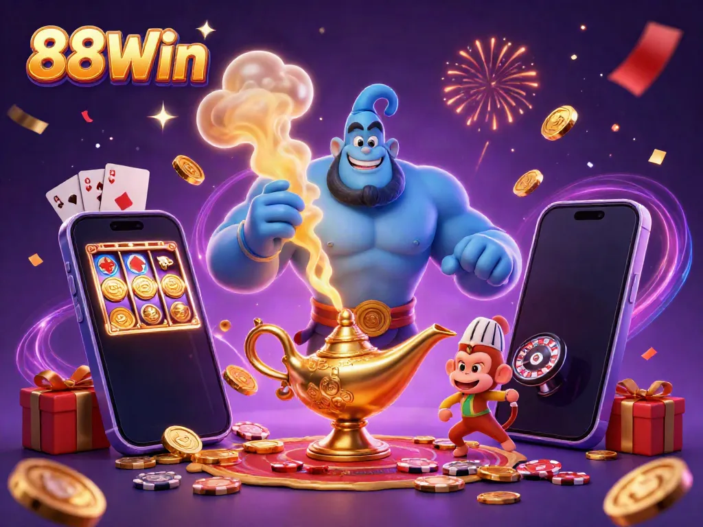Experience the thrilling 88Win gaming adventure with a vibrant scene of a genie, monkey, and poker chips.