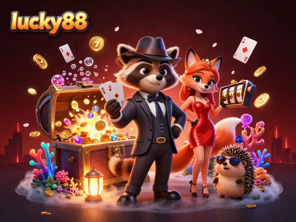 Experience the thrill of lucky88 with a raccoon holding a royal flush and carnival-themed elements.