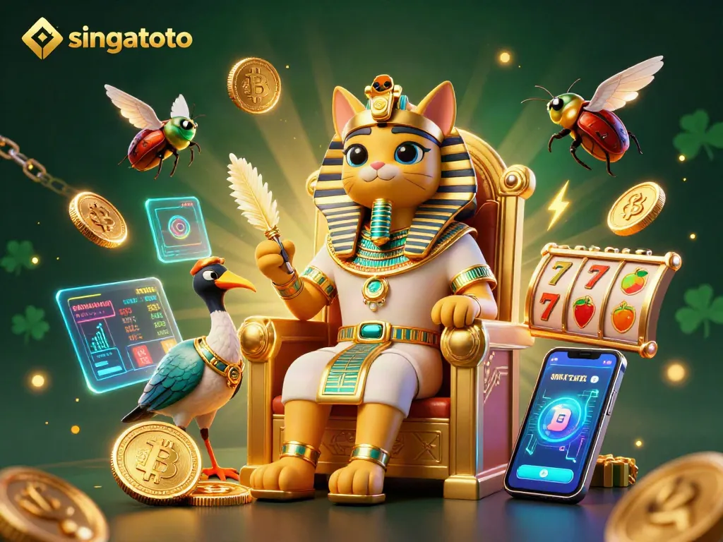 Engage with singatoto's lively casino scene featuring a regal pharaoh cat amid vibrant slot games and neon crypto elements.