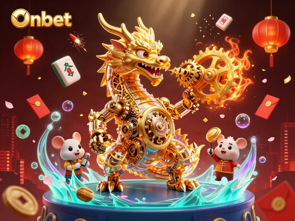 Engage with Onbet's thrilling gaming scene featuring a mythical dragon and vibrant casino elements.