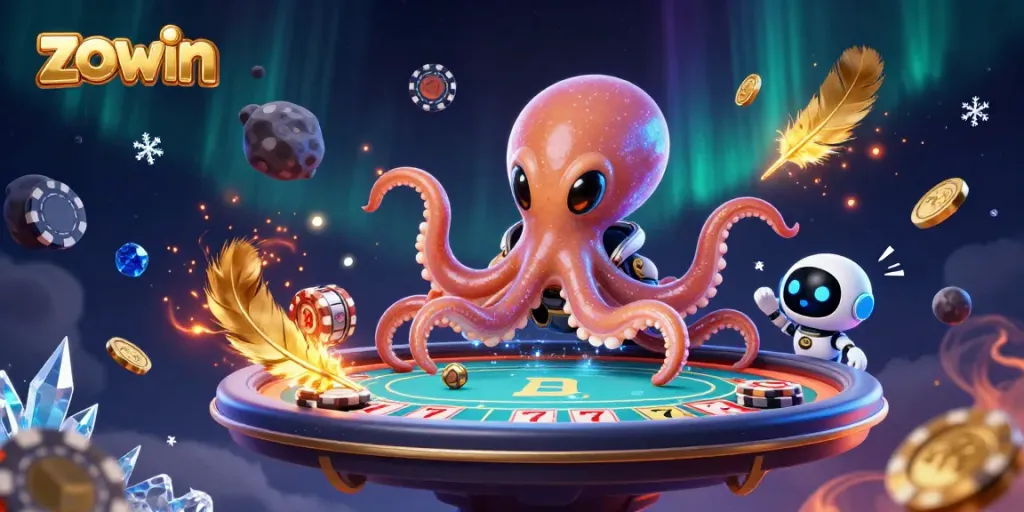Zowin alien octopus at a holographic poker table amidst vibrant casino elements.