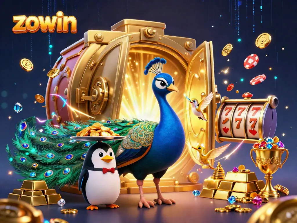 Engage with the vibrant casino scene featuring the 'zowin' brand illustrated by a peacock and gaming elements.
