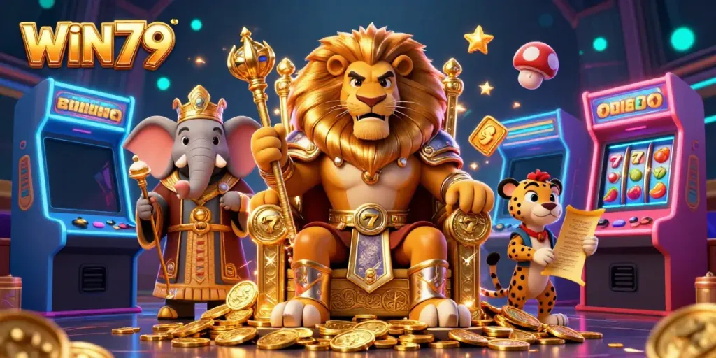 Experience the vibrant and thrilling world of WIN79 with an exciting 3D casino scene featuring a powerful lion king.