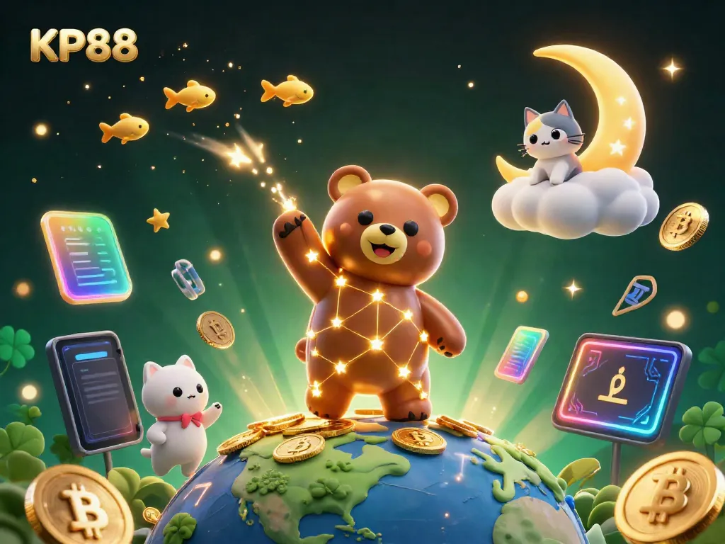 KP88 constellation bear scoops coins in a vibrant gambling universe filled with crypto elements.