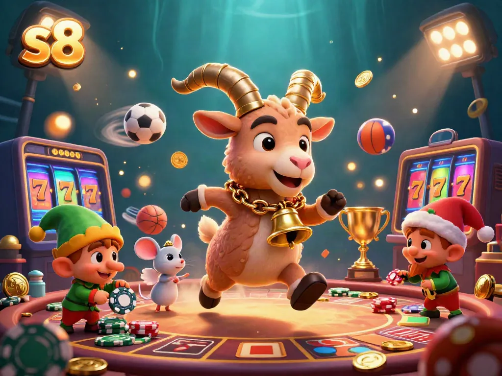 S8 casino scene showing Krampus, angel mouse, and elf gremlins amidst festive gaming action.