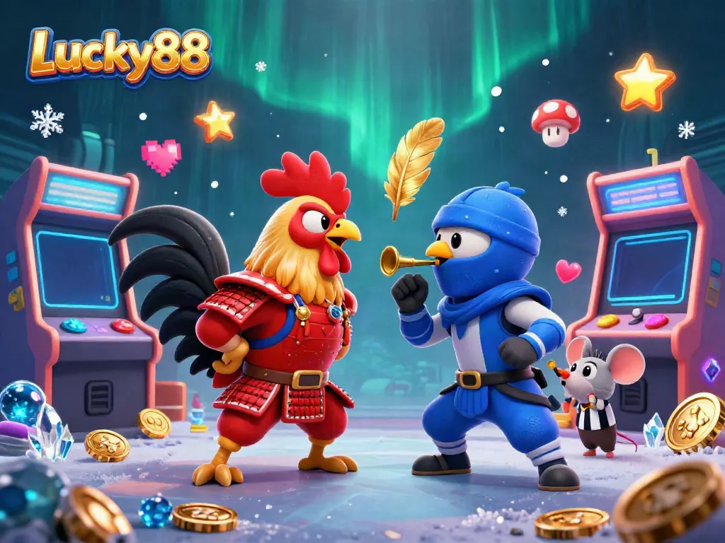 Experience thrilling gameplay with Lucky88's fighting roosters in an exciting casino scene.