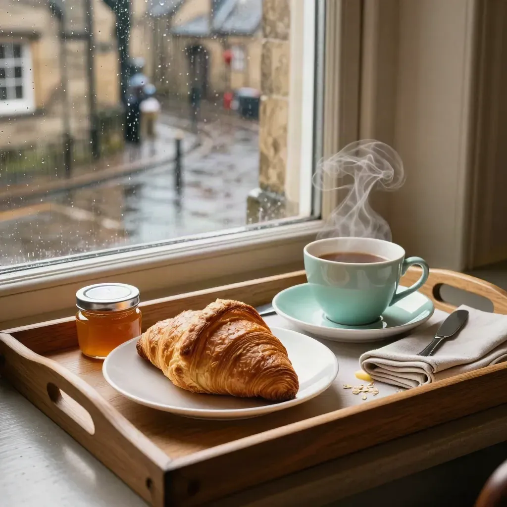 York hotel breakfast tray with croissant, marmalade, tea and rain on the window