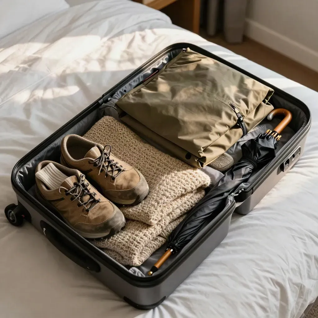 Overhead hotel bed flat lay of a packed carry-on with knits, shoes, shell, pouch, and umbrella