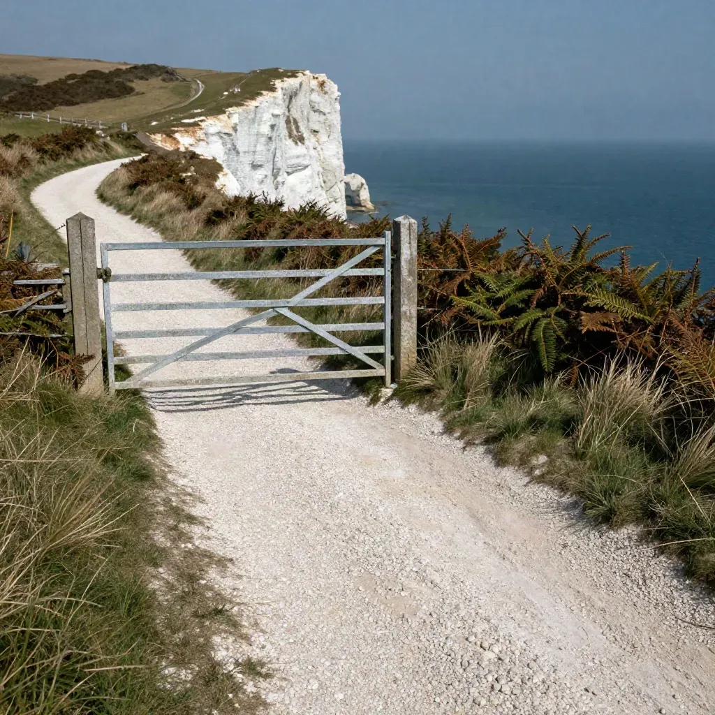 Wind-bent chalk path and gate above the Dorset sea, with bracken and salt haze.