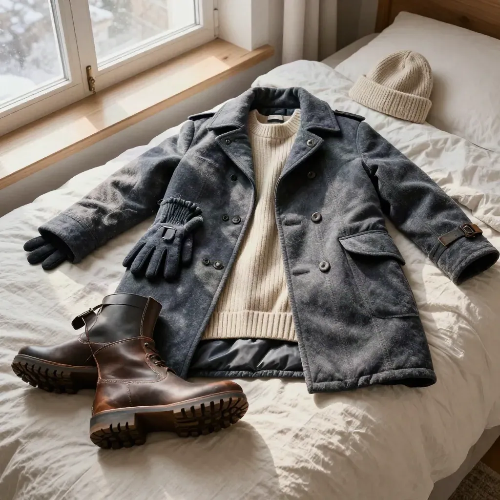 Winter travel packing spread with boots, wool layers, gloves, beanie and puffer on a bed.