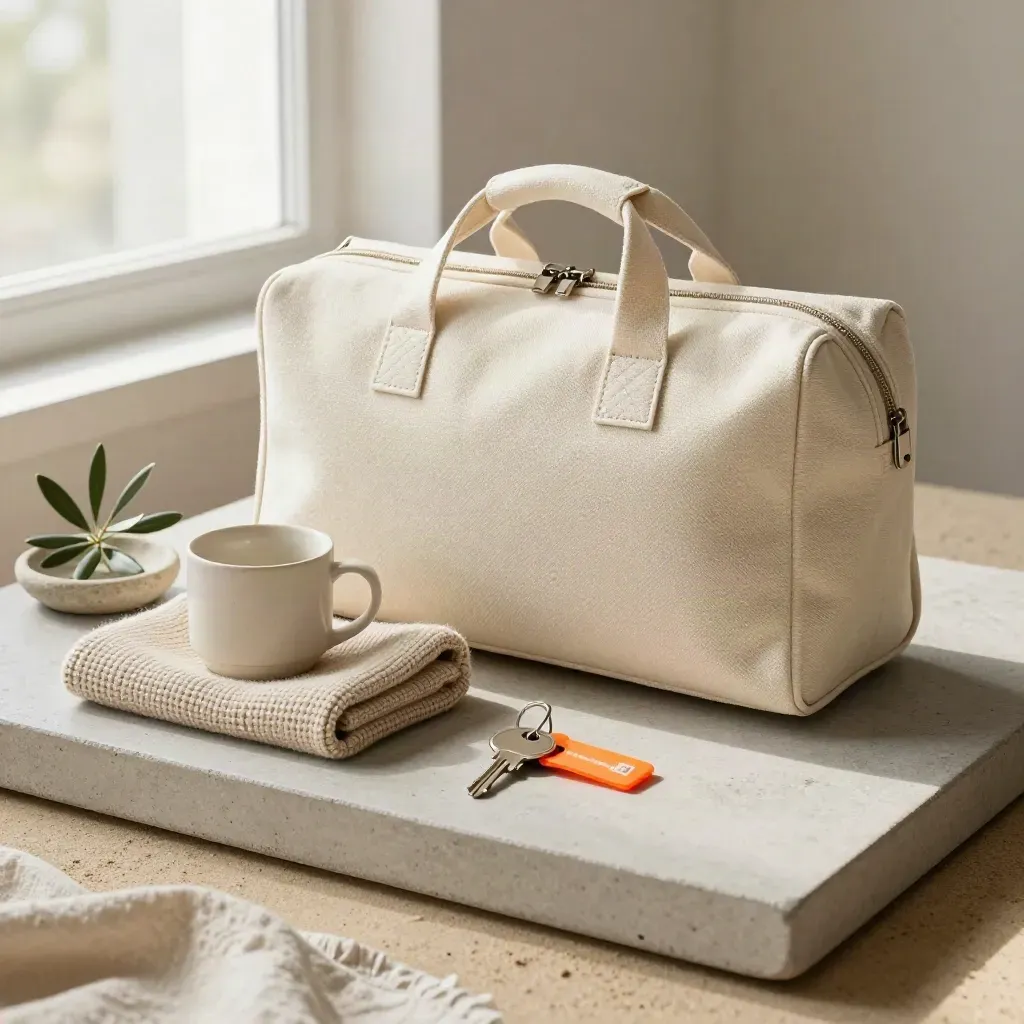 Weekend holdall with knit, cup, olive plant and room key on a stone tray in soft light.