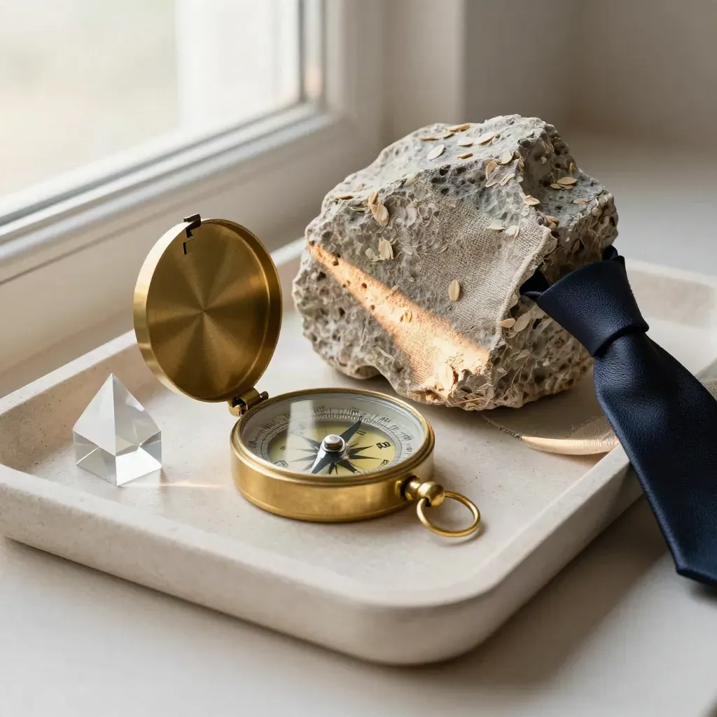 Brass compass with cliff stone, linen and prism on a pale tray in sunrise light