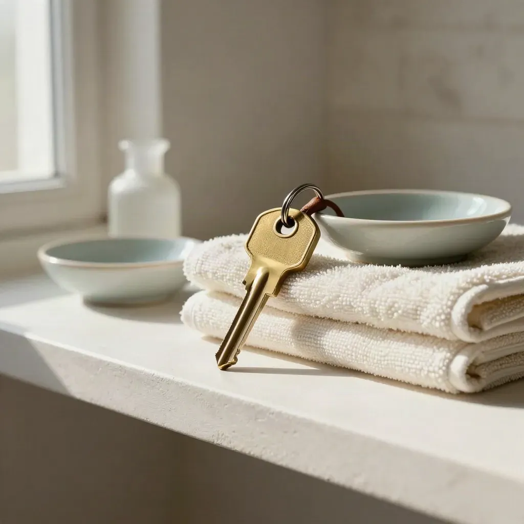 Hotel key fob, folded towel, dish and bottle on a pale plaster shelf in soft window light.
