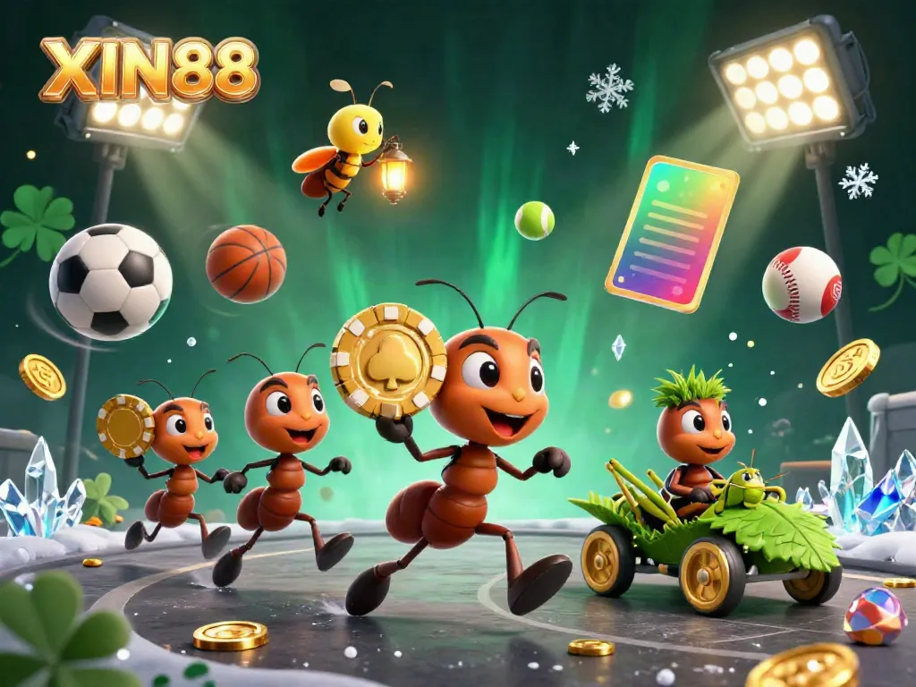 XIN88: Ants carrying a giant poker chip in a dynamic casino heist scene filled with sports elements and sparks.