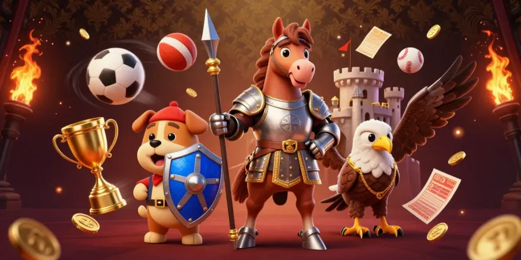 Experience the excitement of mu88 with a medieval knight and his squire amidst vibrant casino elements.