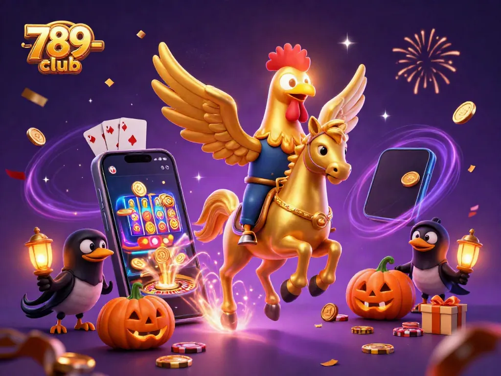 Experience the thrill of the 789-club casino with a golden rooster and magical characters amidst vibrant celebrations.