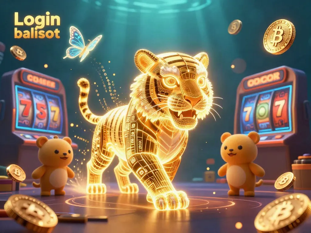 Experience Login balislot with a vibrant 3D casino scene featuring a glowing golden tiger and NFTs.
