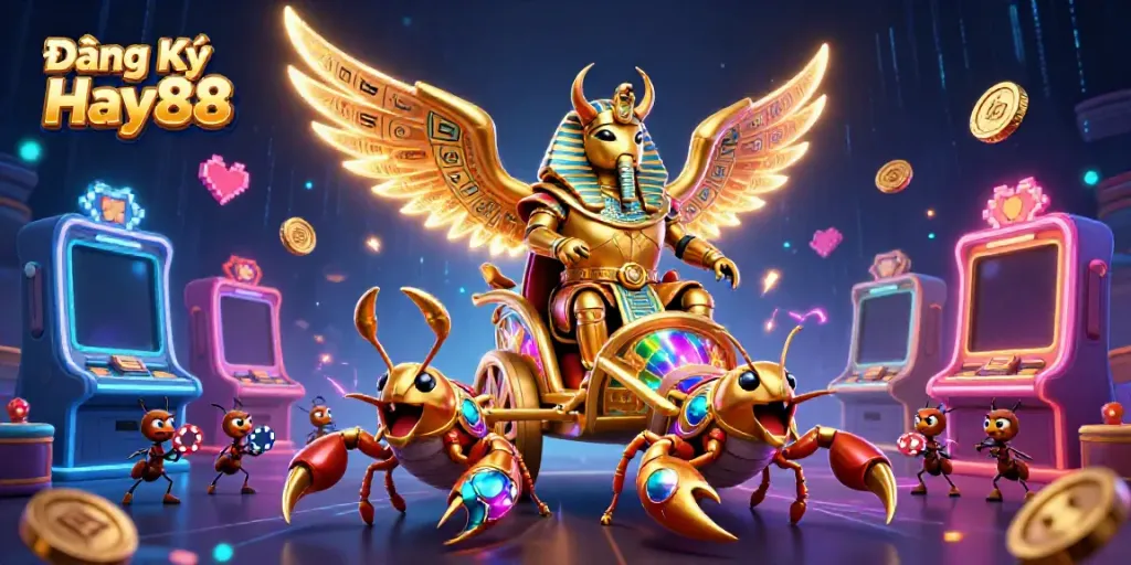Engage in the thrill of Đăng Ký Hay88 with an epic illustration of a golden scarab beetle and jewel-encrusted scorpions amidst vibrant casino elements.