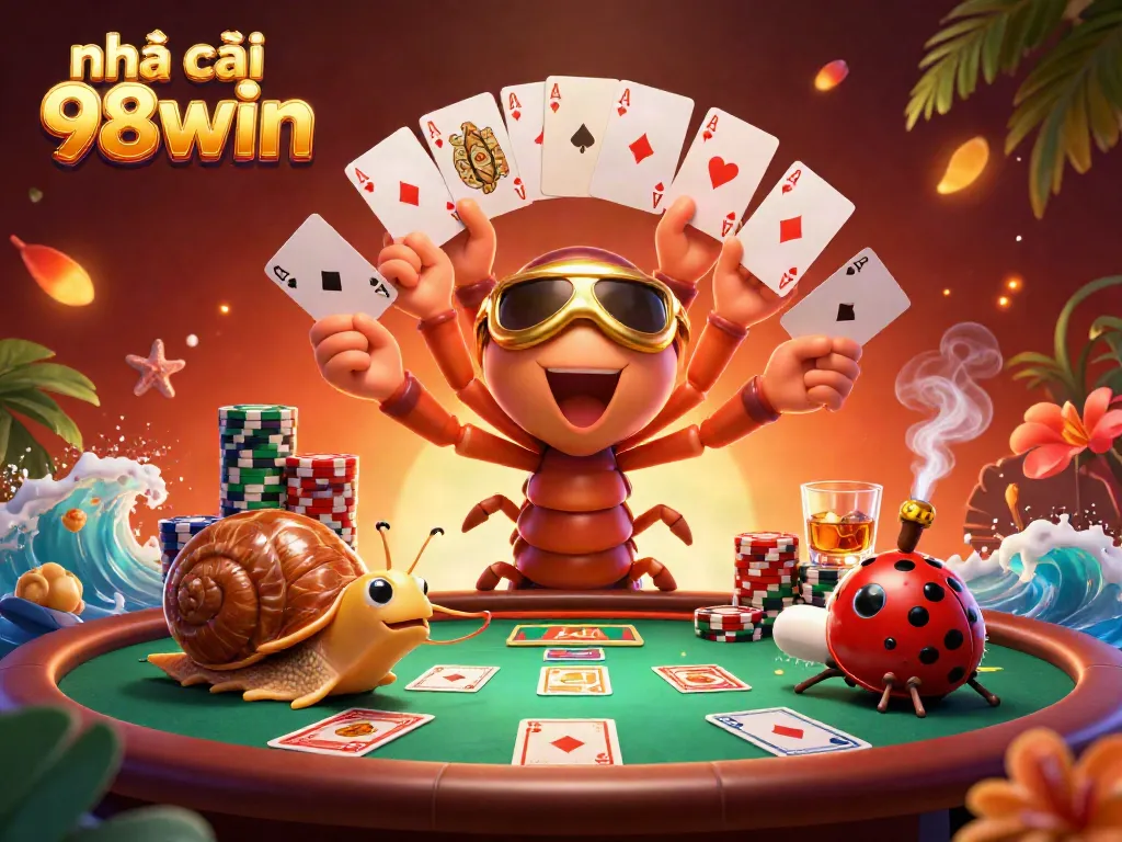 Experience thrilling action with nhà cái 98win as cartoon characters deal cards and push chips in a vibrant casino scene.