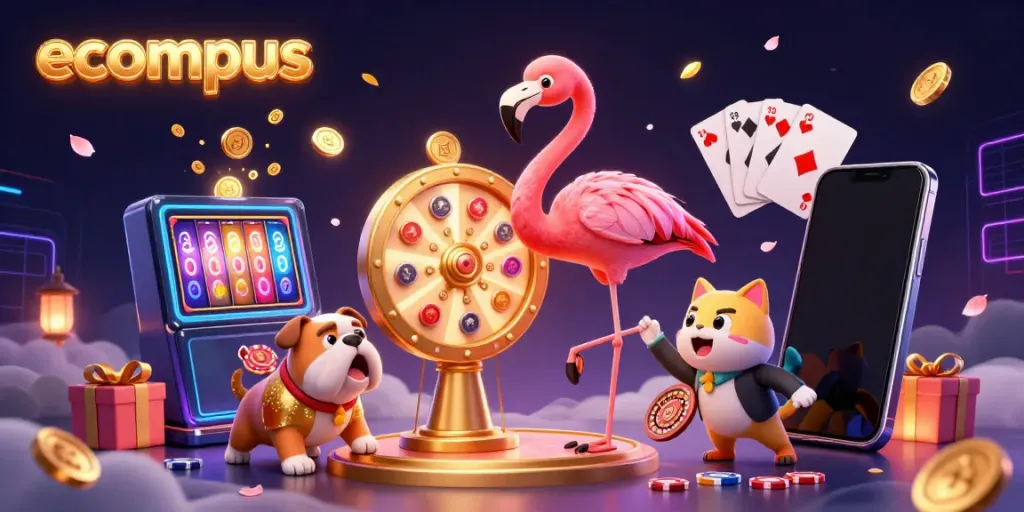 Spin to win with ecompus's vibrant game show scene featuring a flamingo host, bulldog contestant, and prize reveal.