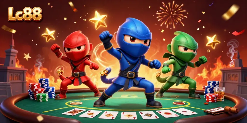 Engage with Lc88's vibrant 3D casino scene featuring ninja chameleons and poker elements.