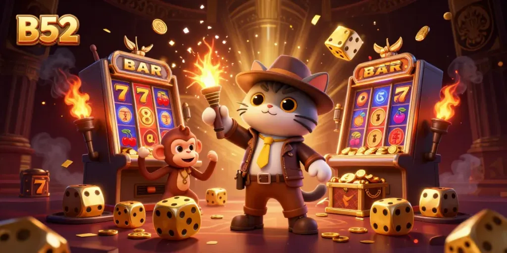 Engage in casino exploration with B52 as the archeologist cat discovers treasures in a vibrant scene.
