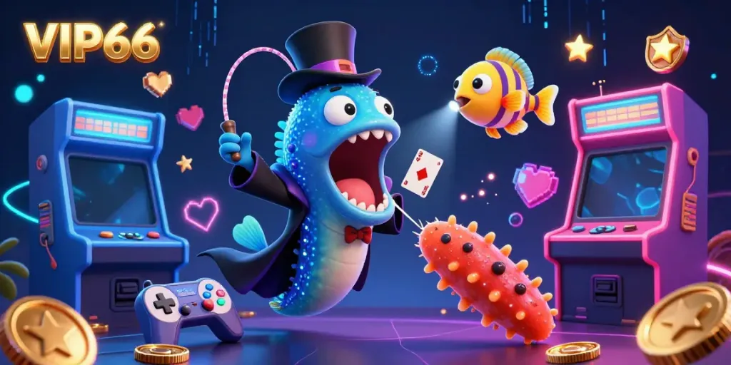 VIP66: Engage in thrilling card tricks themed illustration showcasing vibrant casino elements and magical sea creatures.