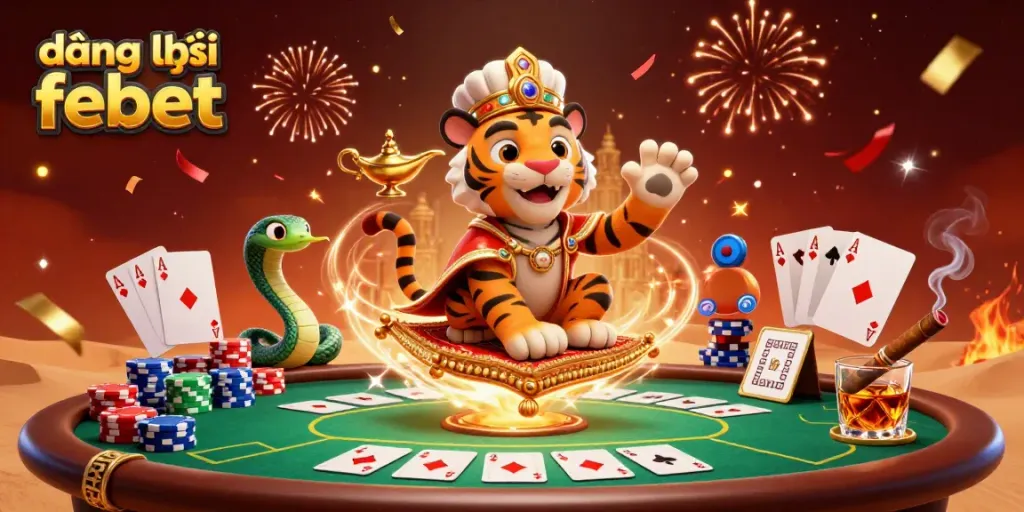Experience đăng ký febet magic with a vibrant 3D illustration of a sultan and genie, rich in casino elements.
